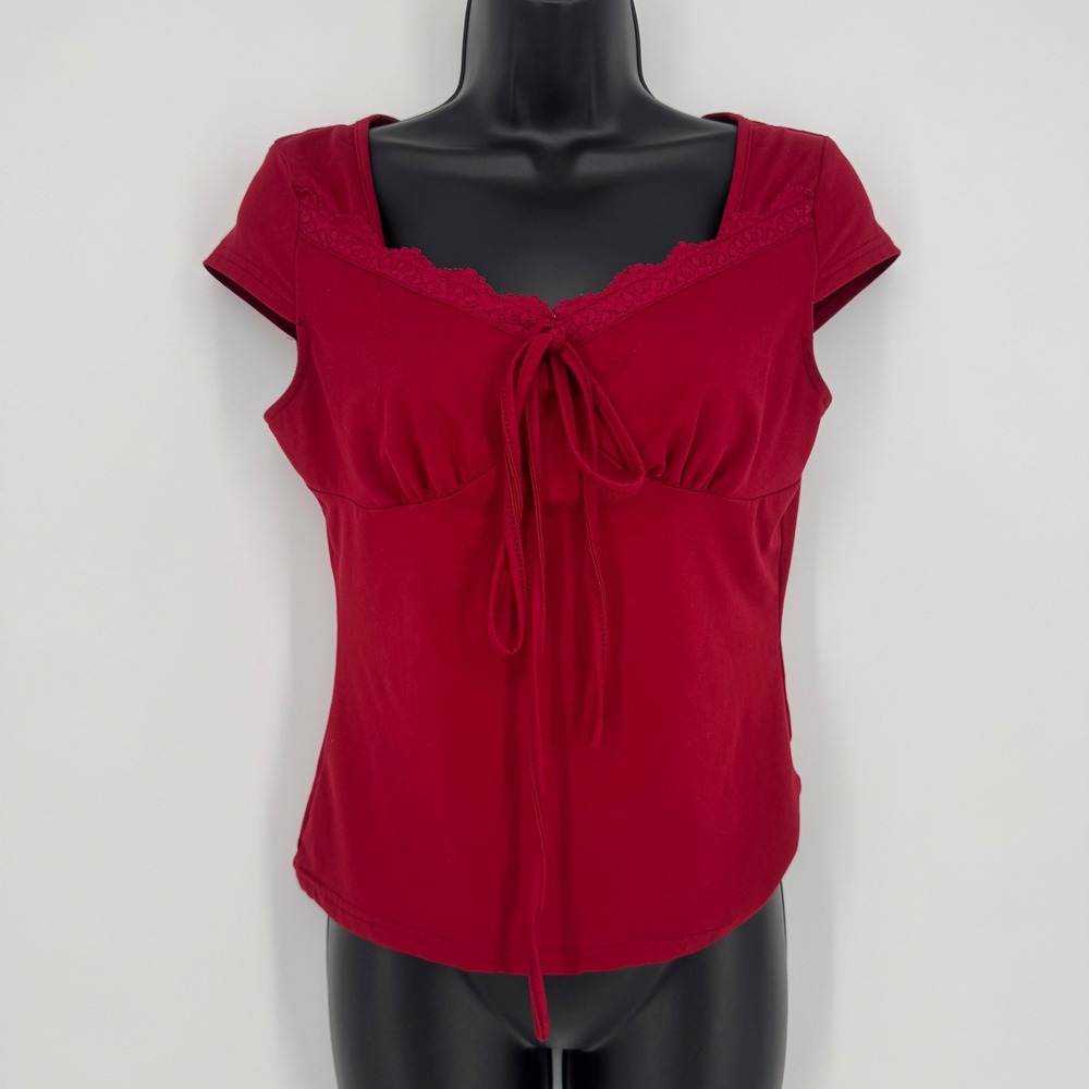 SHEIN Red Lace Trim Tie Front Cap Sleeve Top Sweetheart Neck Blouse Size Small